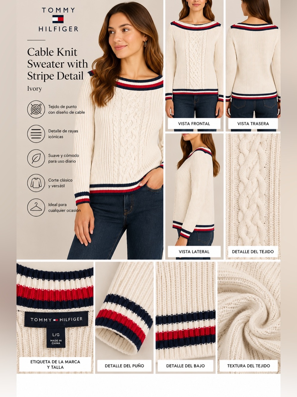 Tommy Hilfiger Ivory Cable Knit Sweater with Red & Navy Trim